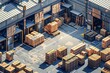 Design a warehouse scene using vector graphics, featuring a birds-eye perspective with crisp lines and a modern aesthetic Highlight the flow of logistics with pallets, boxes, and efficient layout,