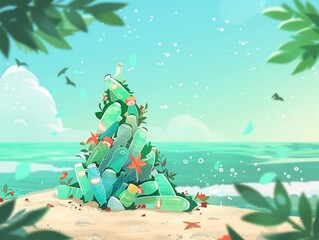 A conceptual illustration of a tower of plastic bottles on the seashore, representing the pollution of the worlds oceans, ideal for a letterhead promoting plastic waste reduction