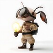 Adorable Insect Technician Installing Miniature Light Bulb in 3D Render