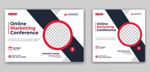 Conference live webinar banner invitation and social media post template. Marketing Strategies live webinar banner design. Online conference flyer