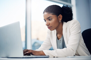Poster - Business, woman and typing on laptop in office, working and corporate online project for website. Internet, search and information on tech, reading email and report with web designer in workplace
