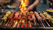 A closeup of a traditional Northeast Chinese charcoal grill, glowing coals under skewers of various meats and vegetables The grill master is turning the skewers expertly