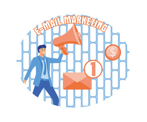 Poster - man shouting in megaphone. business is announced over loudspeakers. direct marketing. promotion conc