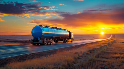 Wall Mural - A tanker truck laden with fuel barrels cruises down the freeway during a picturesque sunset, casting a long shadow on the road