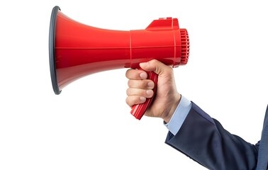 Businessman holding red megaphone for announcement isolated on white background