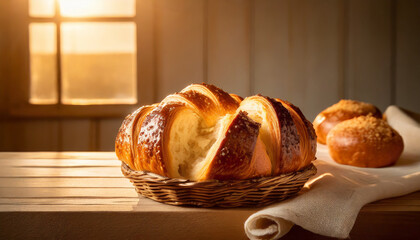 Group of freshly baked bans on kitchen table close up. Morning outdoor breakfast. Bakery product