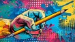 © volga - Colorful pop art hand holding pencil against paint splatter background