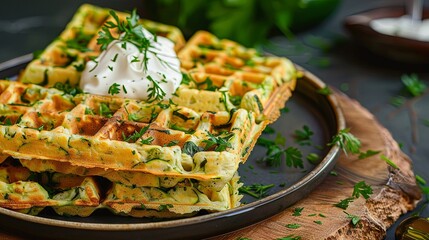 Savory herb waffles topped with sour cream on a rustic plate