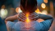© volga - Woman experiencing neck pain with glowing spine illustration on city background