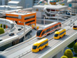 A model cityscape with a focus on public transportation, featuring a train and buses.