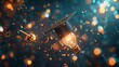 Illustrate a stunning CG 3D rendering of a graduation cap tossing in the air, surrounded by confetti, a golden key, and a glowing lightbulb The icons symbolize achievement and knowledge, set in a dyna