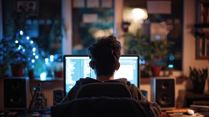 Side view of professional software developer coding program or engineering prompt. Skilled programmer typing computer and laptop while developing system with blurring background. Technology. AIG42.