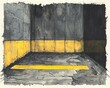 Illustrate the mystery of a rear view crime with a yellow police line banner contrasting against a stark concrete wall in a detailed pen and ink drawing Highlight the different textures to evoke intri