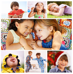 Sticker - Collage, child development and fun with kids for activities in outdoors, indoors and smile with happiness. Composite, growth and play in adolescence with childhood for friendship with holiday