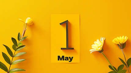 May 1st international labor day concept on yellow background with yellow flowers