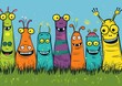 Colorful Cartoon Monsters Smiling in a Row with Blue Sky Background