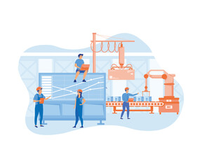 Wall Mural - A production with workers, automation and user interface concept user connecting with a tablet and sharing data with a cyber physical system. flat vector modern illustration
