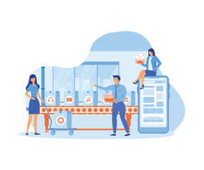 Wall Mural - A production line with workers, automation and user interface concept. connecting, loading a smartphone and sharing media data with a system. flat vector modern illustration