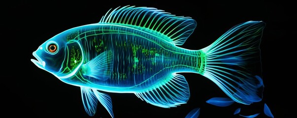 An x-ray tetra fish with a glowing blue outline on a black background