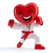 Energetic Heart Character Performing Martial Arts in Karate Uniform on White Background