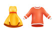 Set of women's and men's clothing, long sleeve jacket, dress. 3D colored classic clothes on white background.