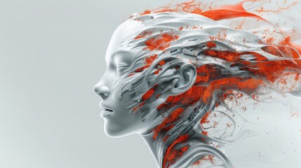 A woman's face is covered in red and white paint, giving it a futuristic, free space for text