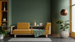 Modern wooden living room has an yellow sofa on empty dark green wall background- 3D rendering