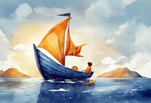 'children Stylized Boat Orange Blue Sail Hand Yellow Lifebuoy Starfish Watercolor Isolated Painting Drawn Illustration White Background Yacht Water Ship Fish Cute Concept Ocean'