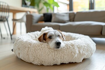 Wall Mural -  white donut dog bed made of  fleece fabric in modern home 