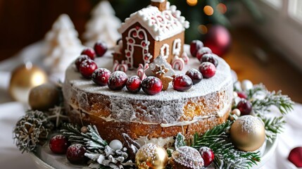 Wall Mural - Christmas cake. It has a gingerbread house on top, surrounded by sugared cranberries and ornaments. The cake is covered in powdered sugar and has a wreath of greenery around the bottom. 