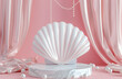 3D rendering of a white marble podium in the shape of a seashell with a pink background and pearls, Generative AI