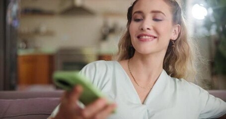 Wall Mural - Relax, sofa and happy woman in home with phone for communication, networking and internet connection. Smile, contact and girl on couch with smartphone for social media, online chat or mobile app