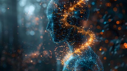 futuristic human silhouette with glowing hologram, visualization 3d rendering universe technology, g