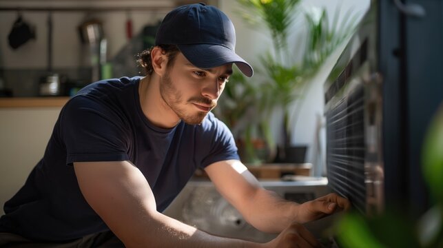 Handsome young HVAC technician in blue cap and t-shirt repairing or installing air conditioning unit indoors