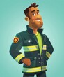 Smiling Cartoon Firefighter in Uniform with Badge Illustration on Teal Background