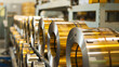 Industrial aluminum rolls in a manufacturing facility. Suitable for manufacturing or industrial concepts