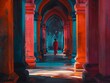 In the heart of mystical shadows, a wanderer interprets ancient symbols amidst Thai temples, revealing stories untold. POV captures the fusion of past and abstract visions., School blue, recess green,