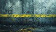 Portray the eerie ambiance of a rear view crime scene through a digital photorealistic rendering Emphasize the yellow police line banner against a gritty concrete wall, creating a scene that feels alm