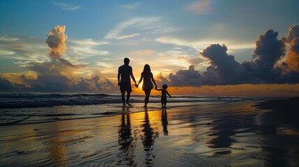 Wall Mural - A family of mixed races walking hand in hand, their silhouettes cast on the beach at sunrise