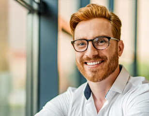 Wall Mural - Handsome forty years old friendly caucasian ginger red hair man smilling wearing glasses in home interior