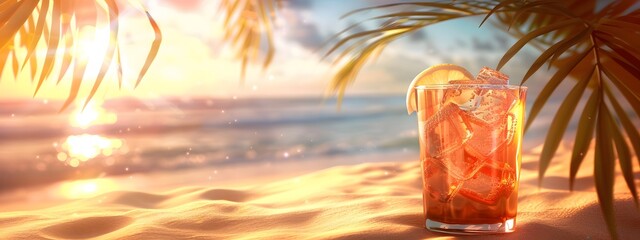 Wall Mural - Summer drink with ice on blurred background with sea and beach.