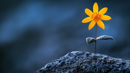   A solitary yellow bloom atop a rock An adjacent white flower, also atop a rock