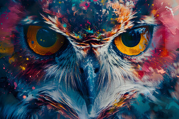 Poster - A vibrant and modern abstract portrait of an owl created using colorful double exposure paint, suitable for decoration, fashion, or artistic design.