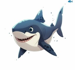 Canvas Print -   A cartoon shark, smiling broadly, holds a fish against its toothy grin in the background