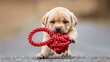   A puppy holds a red rope in its jaws, gazing sadly at the camera