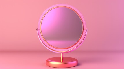   A pink mirror rests atop a metallic stand against a pink backdrop, featuring a pink wall in the background