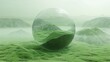   A large glass orb rests atop a verdant grassy expanse amidst a fog-shrouded sky