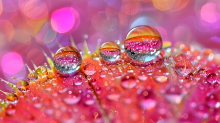 Poster -   A tight shot of water droplets atop a rosy flower, surrounded by softly blurred lights in the backdrop