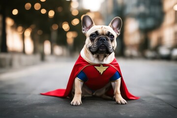 Wall Mural - 'cute hero costume french super bulldog adorable animal authentic background best blue skies breed b