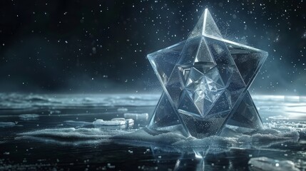 Poster -   A crystal cube floats atop a mirror-like expanse of water, surrounded by a star-filled night sky